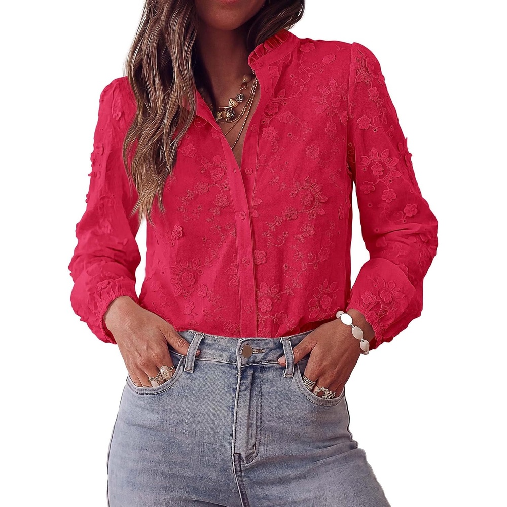 image:imagePRETTYGARDEN Womens Floral Embroidered Button Down ShirtsRed
