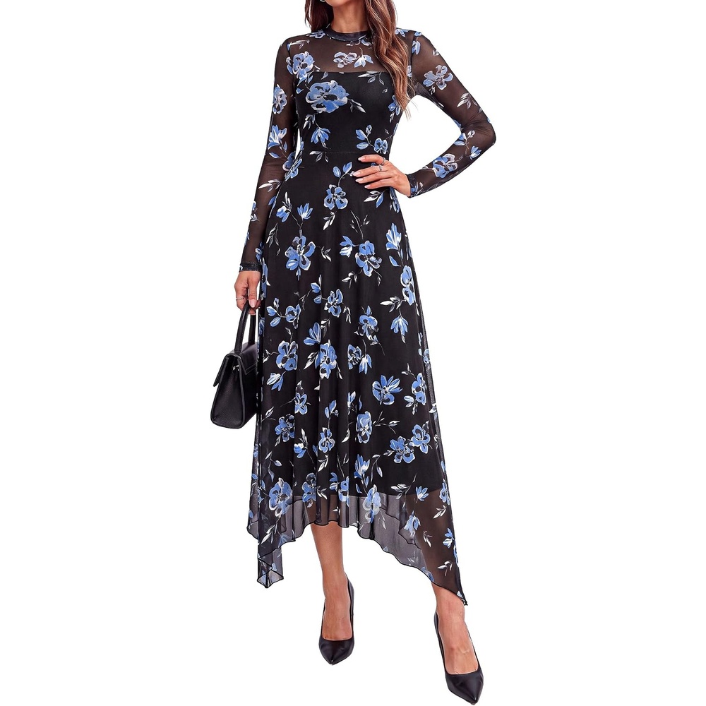 image:imagePRETTYGARDEN Womens Floral Mesh Midi DressFloral Black Blue