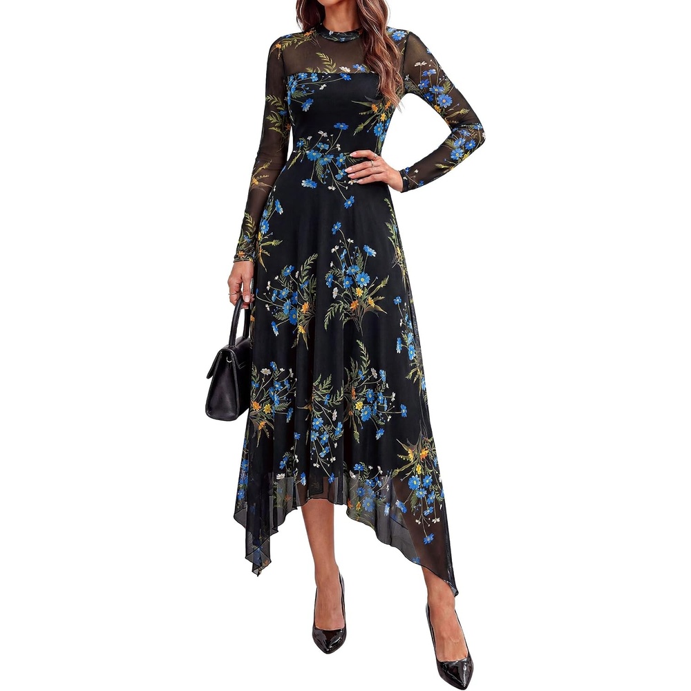 image:imagePRETTYGARDEN Womens Floral Mesh Midi DressFloral Black Blue Yellow