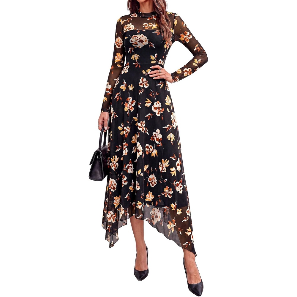 image:imagePRETTYGARDEN Womens Floral Mesh Midi DressFloral Black Yellow White