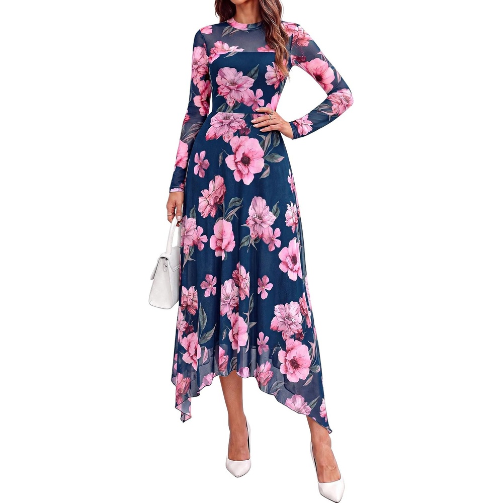 image:imagePRETTYGARDEN Womens Floral Mesh Midi DressFloral Blue Pink