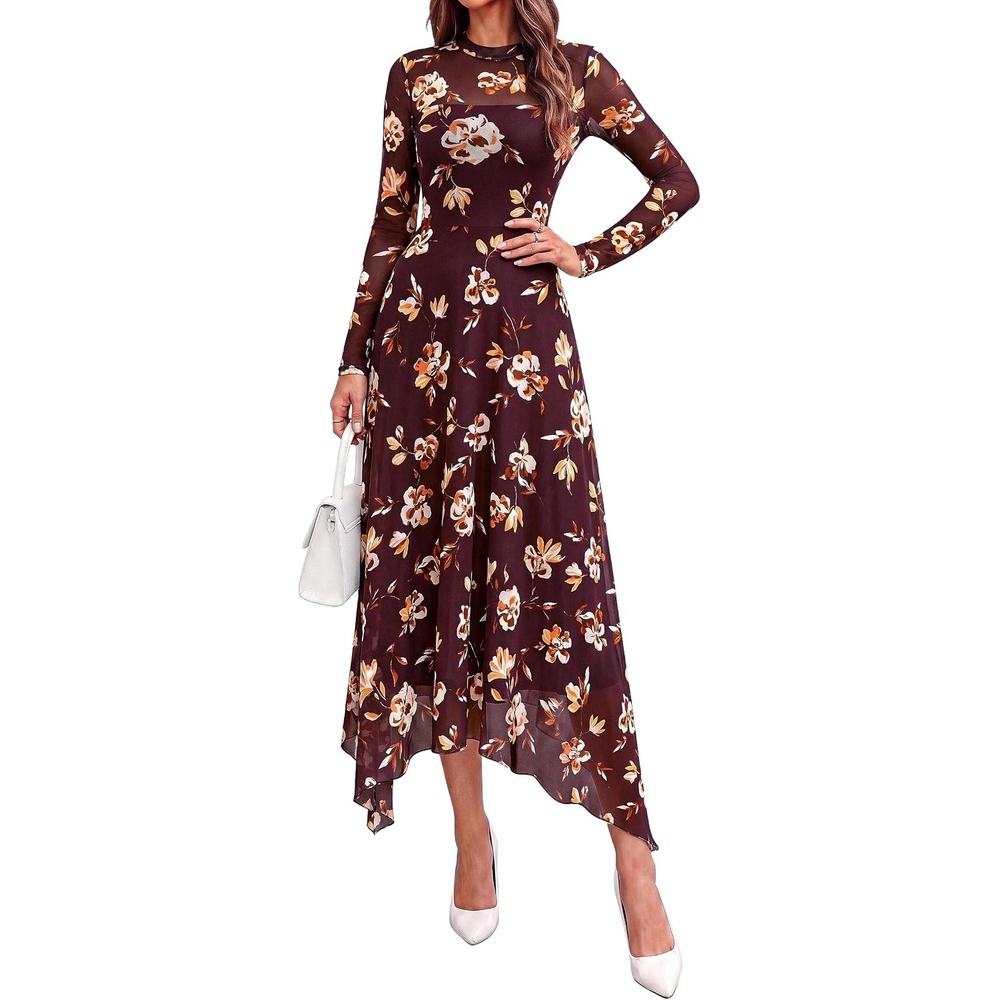 image:imagePRETTYGARDEN Womens Floral Mesh Midi DressFloral Burgundy Yellow