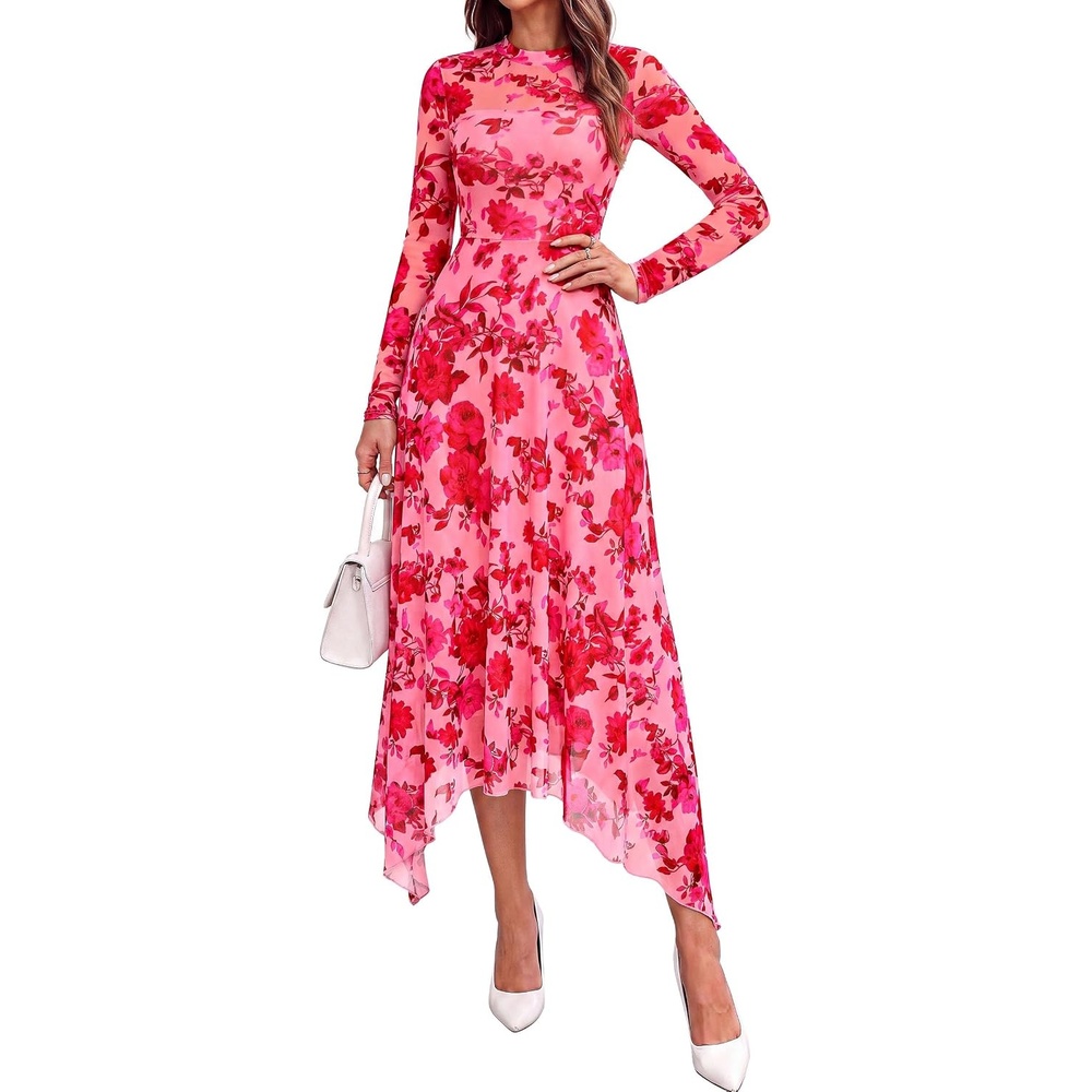 image:imagePRETTYGARDEN Womens Floral Mesh Midi DressFloral Pink Red