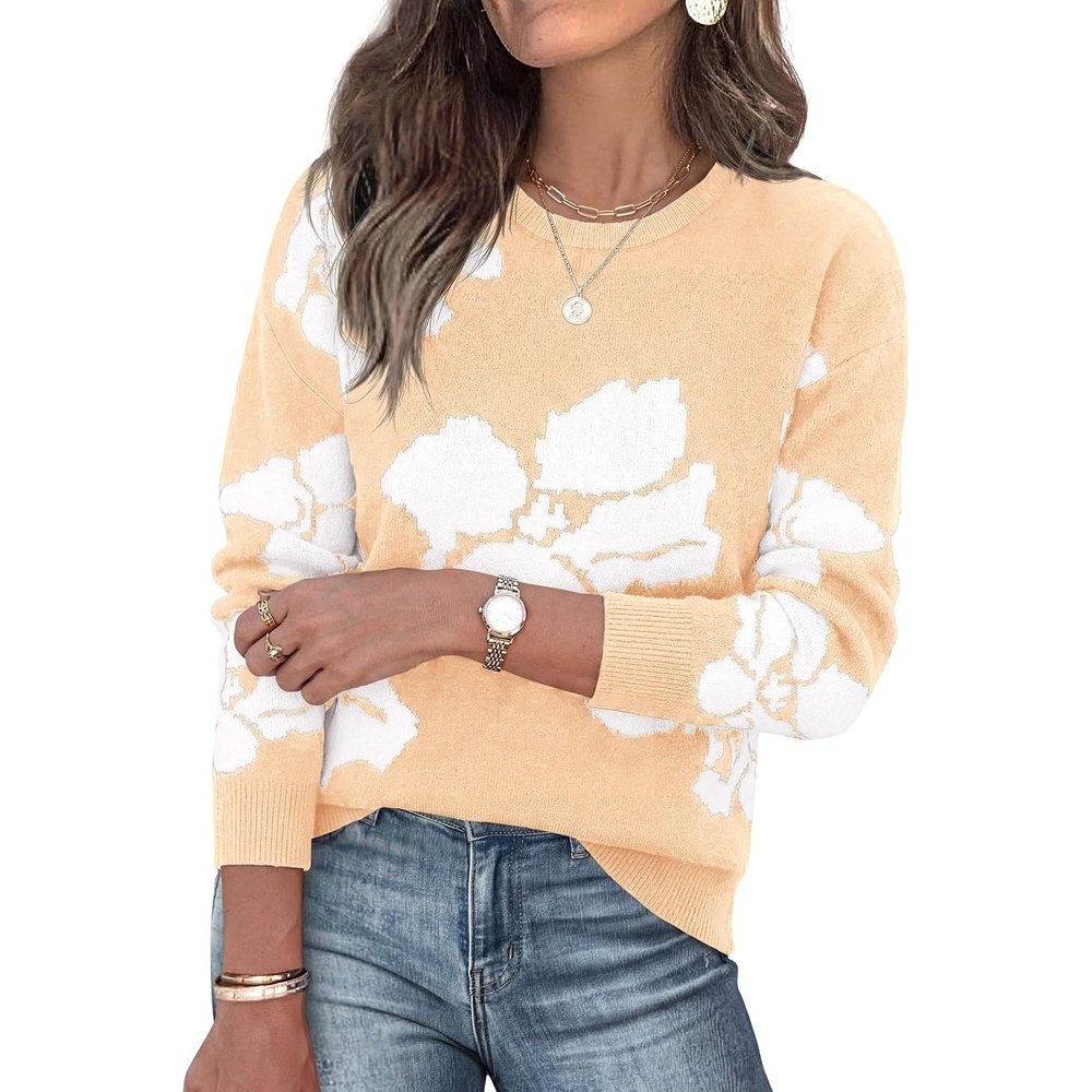 image:imagePRETTYGARDEN Womens Floral Sweater Crewneck Pullover TopsApricot