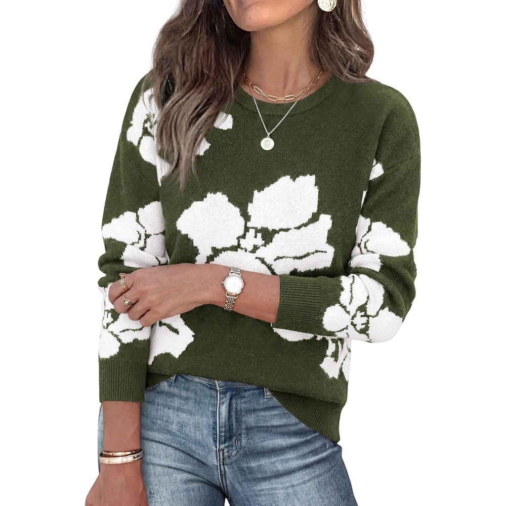 image:imagePRETTYGARDEN Womens Floral Sweater Crewneck Pullover TopsArmy Green