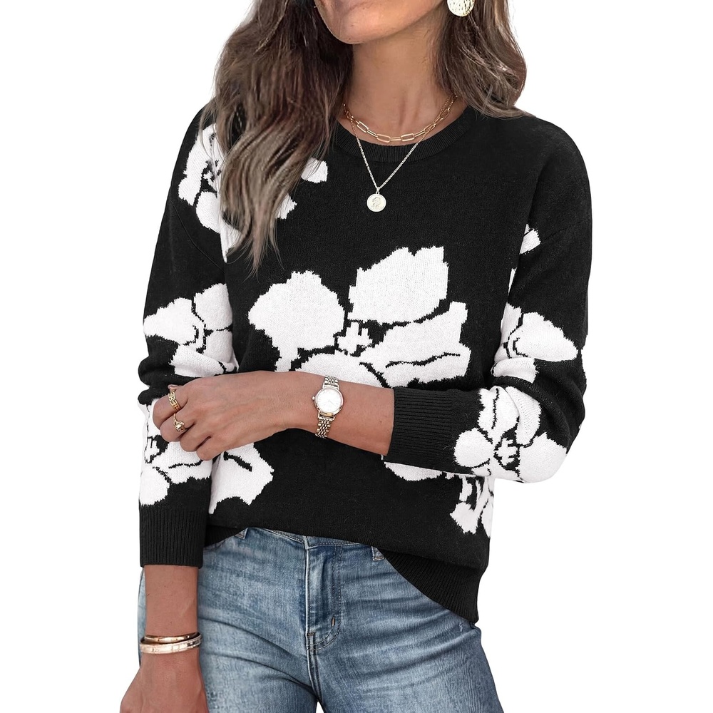 image:imagePRETTYGARDEN Womens Floral Sweater Crewneck Pullover TopsBlack