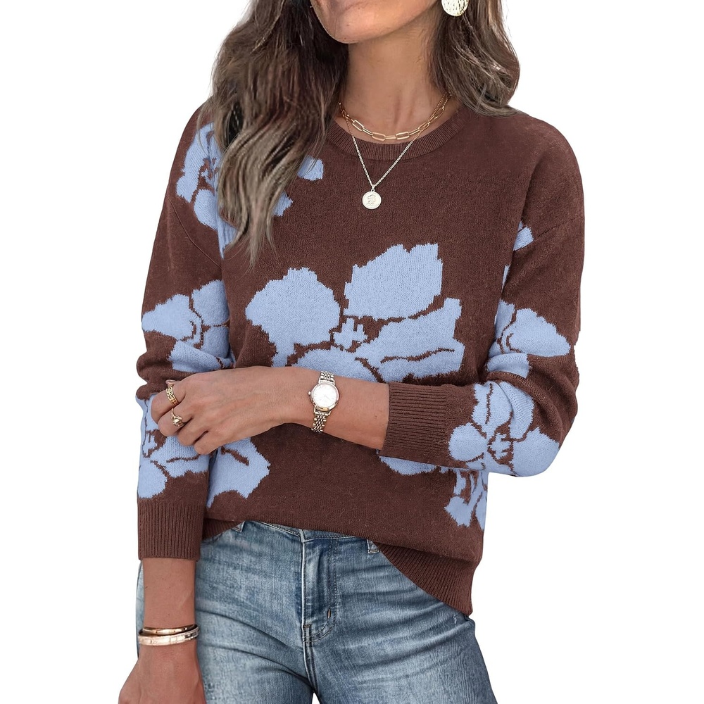 image:imagePRETTYGARDEN Womens Floral Sweater Crewneck Pullover TopsBrown