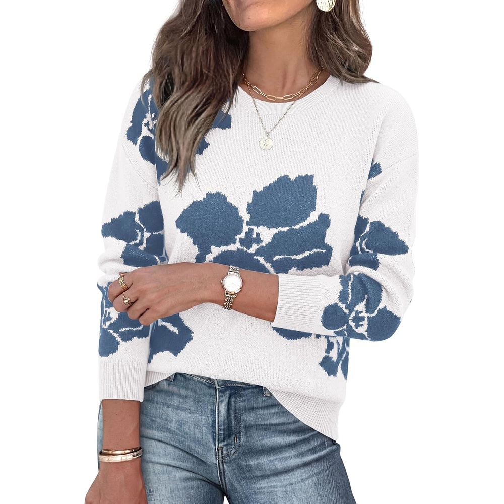 image:imagePRETTYGARDEN Womens Floral Sweater Crewneck Pullover TopsWhite Blue