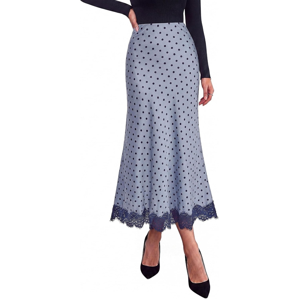 image:imagePRETTYGARDEN Womens Flowy Satin Midi A Line SkirtDot Blue Black
