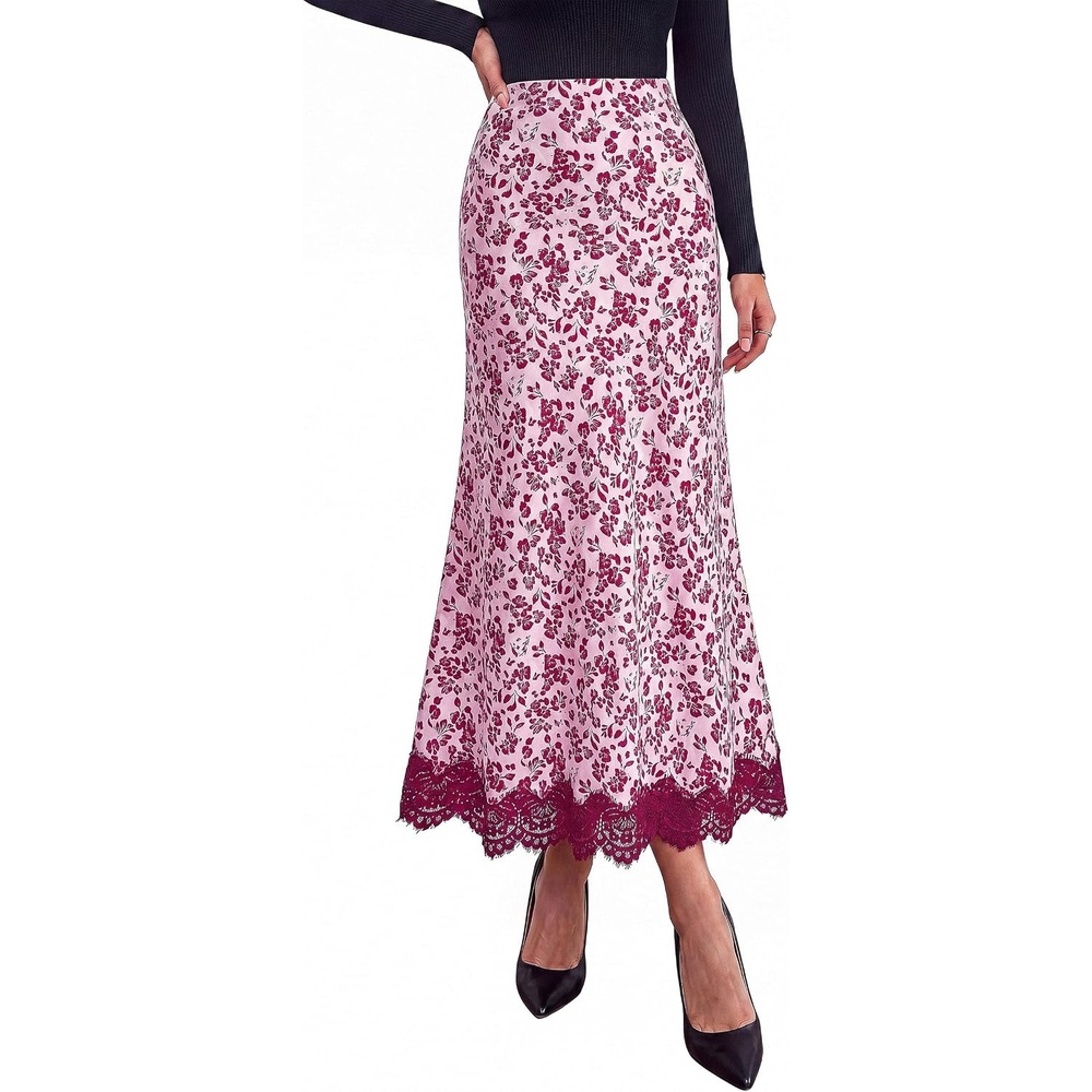 image:imagePRETTYGARDEN Womens Flowy Satin Midi A Line SkirtFloral Pink Rose Red