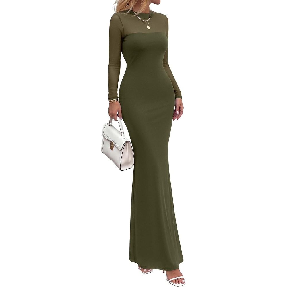 image:imagePRETTYGARDEN Womens Formal Mesh Sheer Long Sleeve Maxi DressArmy Green