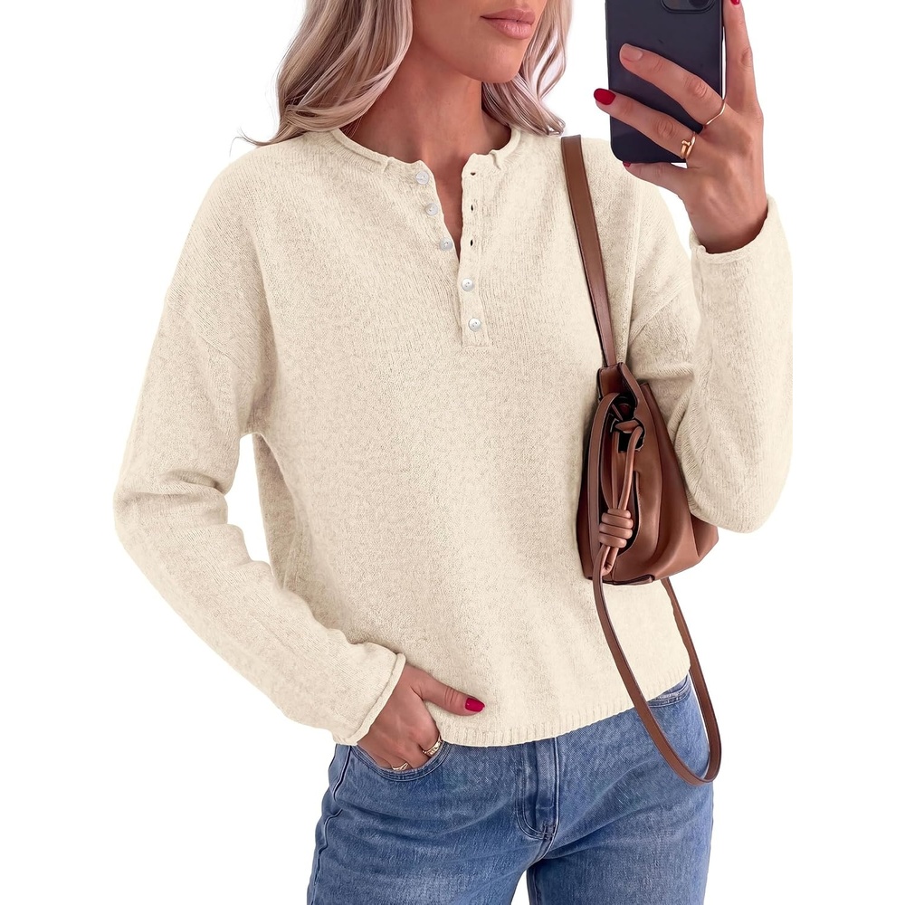 image:imagePRETTYGARDEN Womens Henley Cozy Sweaters Button Up PulloverBeige
