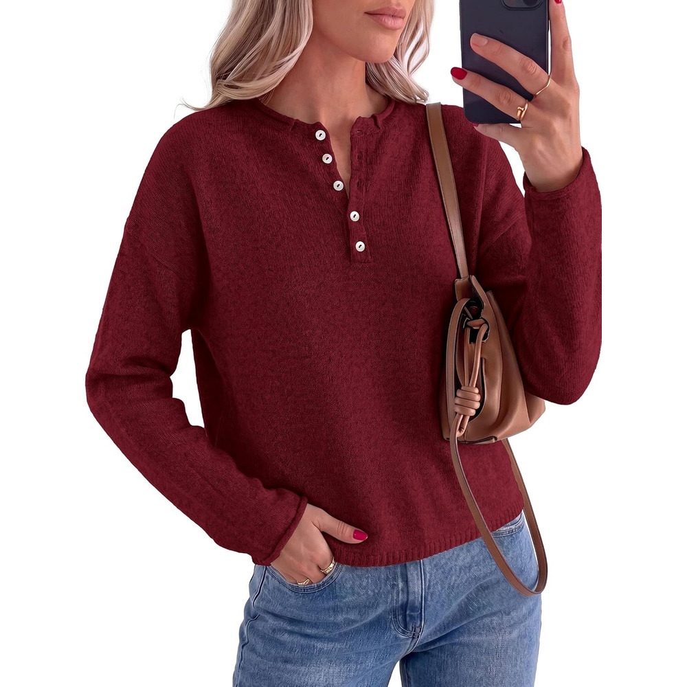image:imagePRETTYGARDEN Womens Henley Cozy Sweaters Button Up PulloverBurgundy