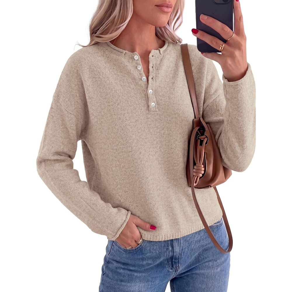 image:imagePRETTYGARDEN Womens Henley Cozy Sweaters Button Up PulloverLight Khaki