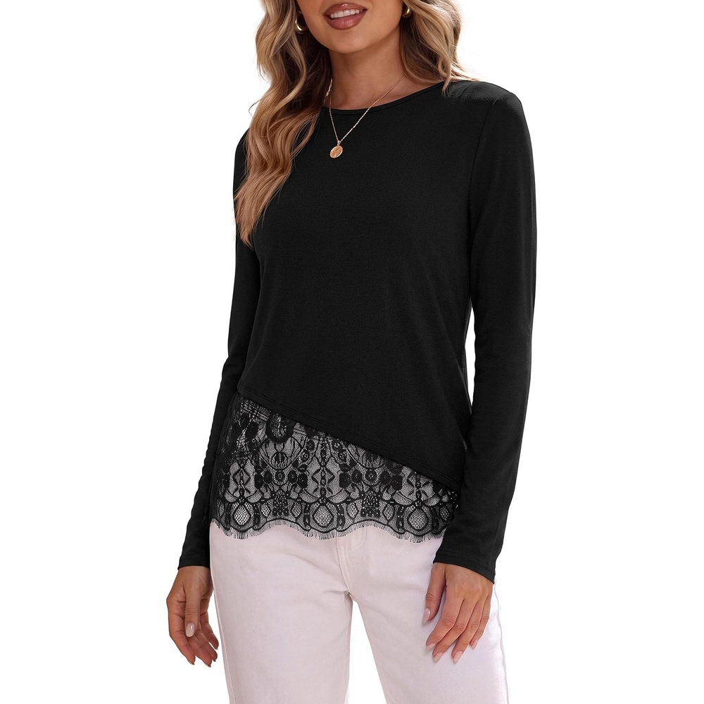 image:imagePRETTYGARDEN Womens Lace Patchwork Long Sleeve ShirtsBlack