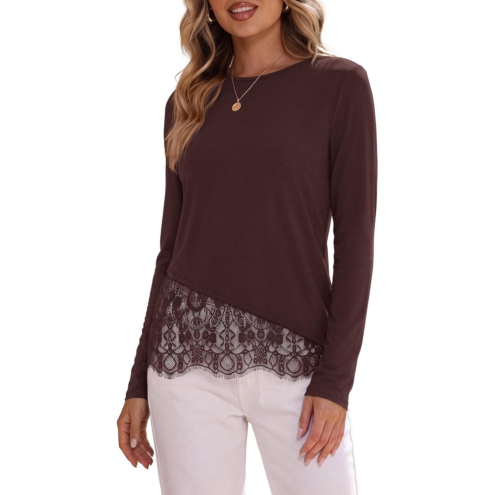 image:imagePRETTYGARDEN Womens Lace Patchwork Long Sleeve ShirtsBrown