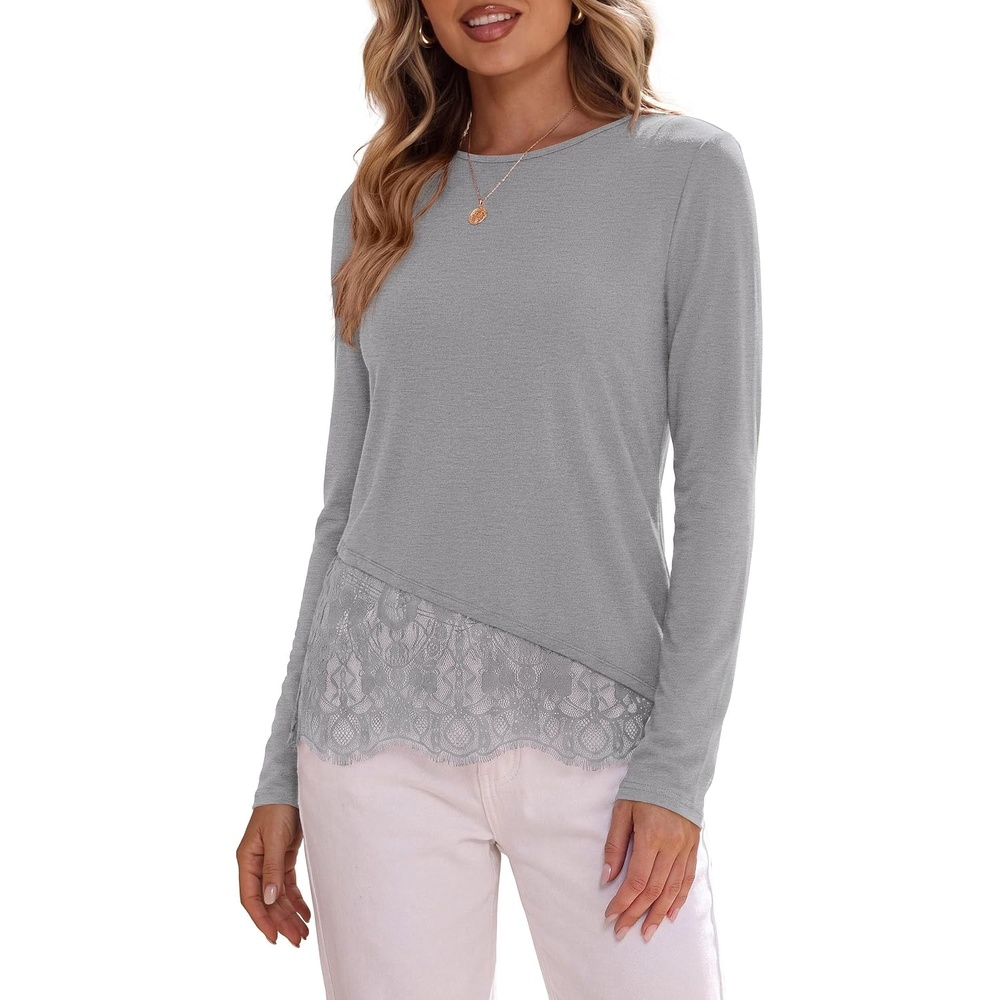 image:imagePRETTYGARDEN Womens Lace Patchwork Long Sleeve ShirtsGrey