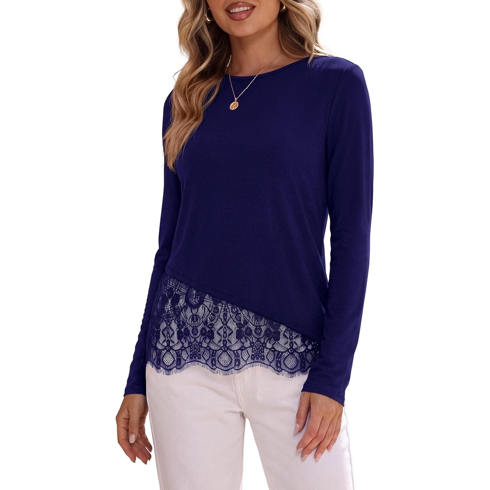 image:imagePRETTYGARDEN Womens Lace Patchwork Long Sleeve ShirtsNavy