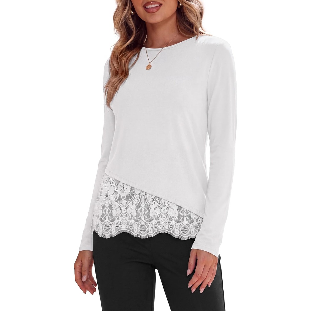 image:imagePRETTYGARDEN Womens Lace Patchwork Long Sleeve ShirtsWhite