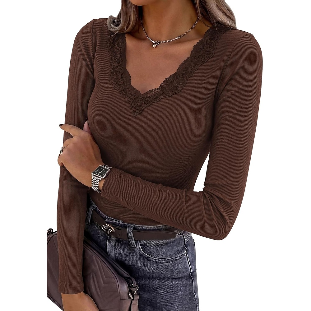 image:imagePRETTYGARDEN Womens Lace V Neck Long Sleeve Fitted T ShirtsBrown