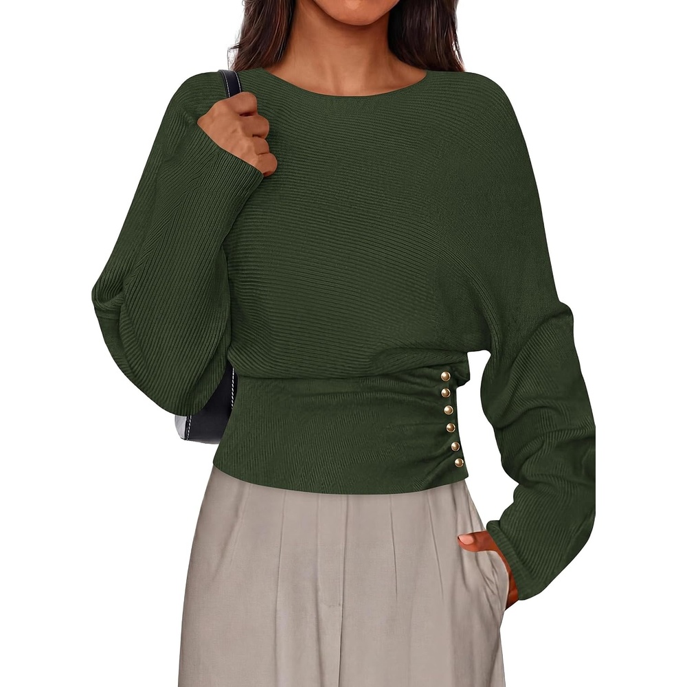 image:imagePRETTYGARDEN Womens Long Batwing Sleeve Cinched Waist SweatersArmy Green