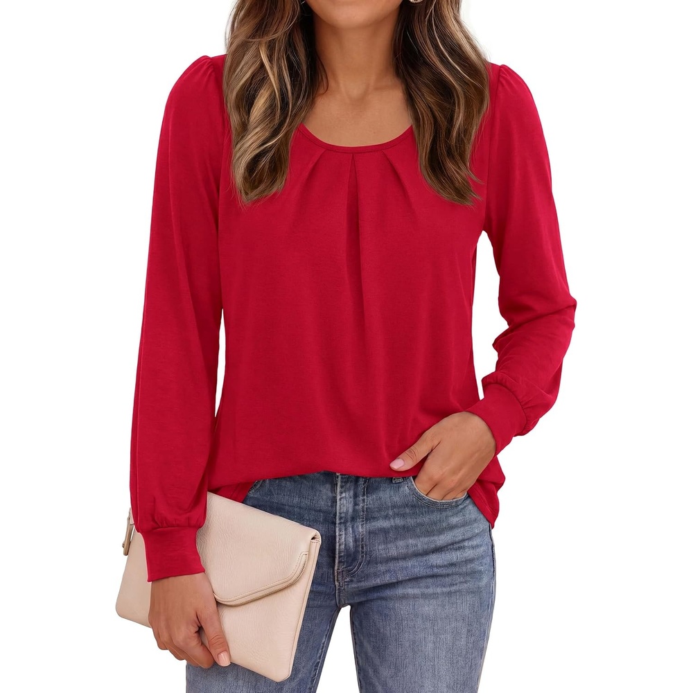 image:imagePRETTYGARDEN Womens Long Puff Sleeve Tops Crew Neck BlouseRed