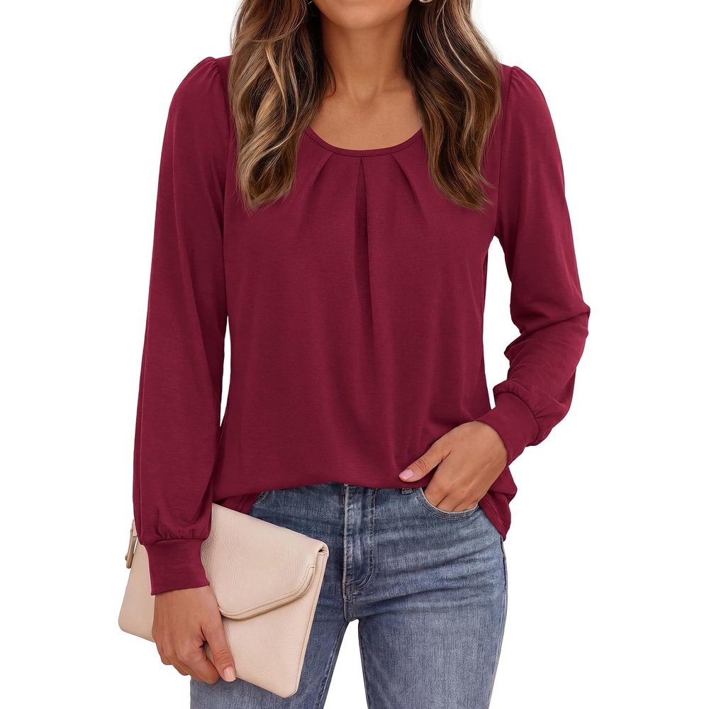 image:imagePRETTYGARDEN Womens Long Puff Sleeve Tops Crew Neck BlouseWine Red