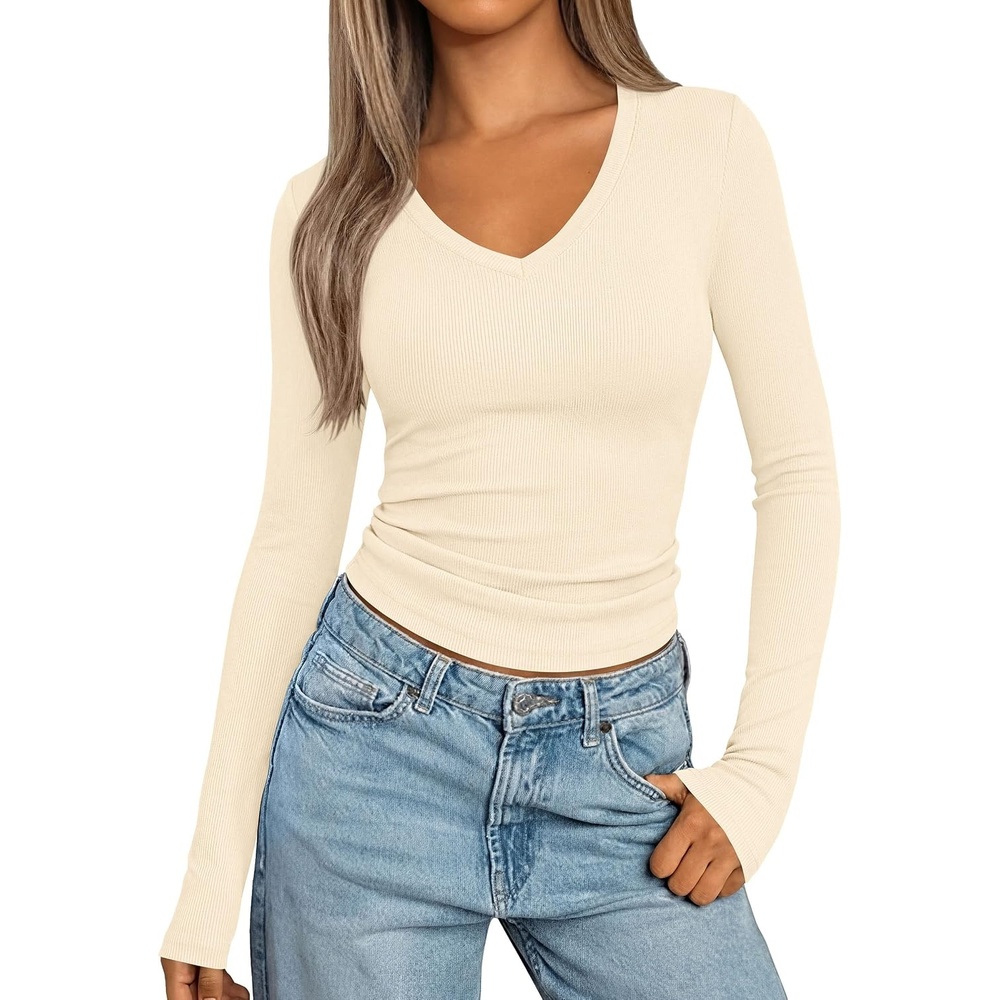 image:imagePRETTYGARDEN Womens Long Sleeve Ribbed V Neck Knit ShirtsBeige