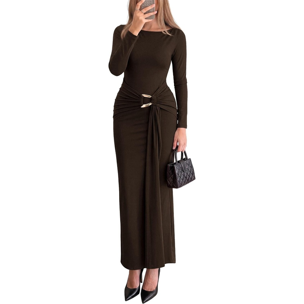image:imagePRETTYGARDEN Womens Long Sleeve Ruched Bodycon Maxi DressBrown