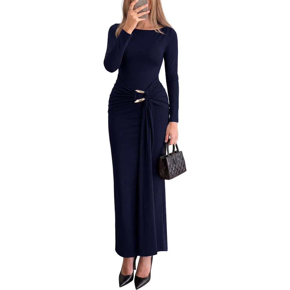 image:imagePRETTYGARDEN Womens Long Sleeve Ruched Bodycon Maxi DressNavy Blue
