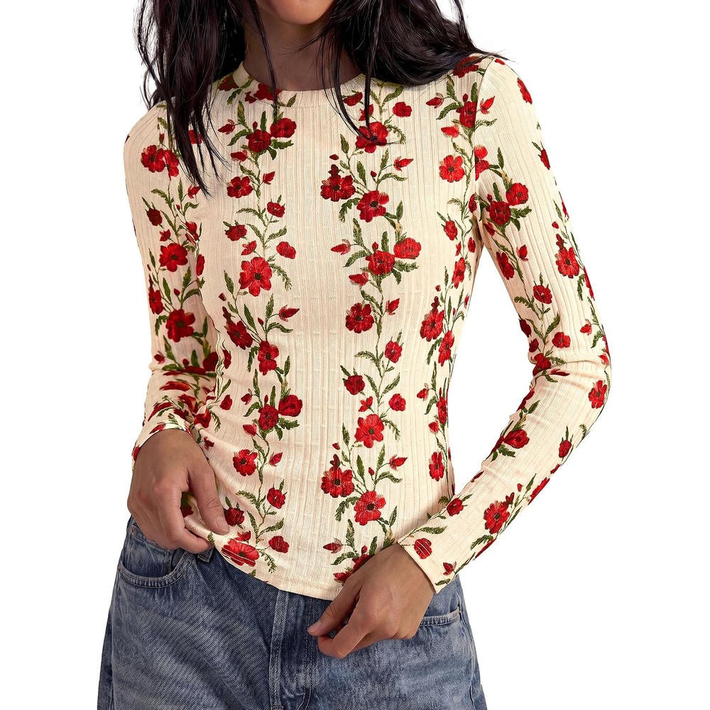 image:imagePRETTYGARDEN Womens Long Sleeve Shirts Floral Y2K TopsBeige