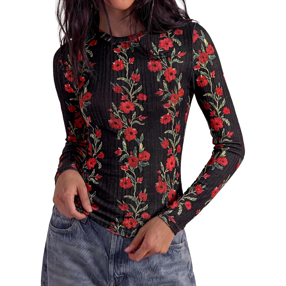 image:imagePRETTYGARDEN Womens Long Sleeve Shirts Floral Y2K TopsBlack