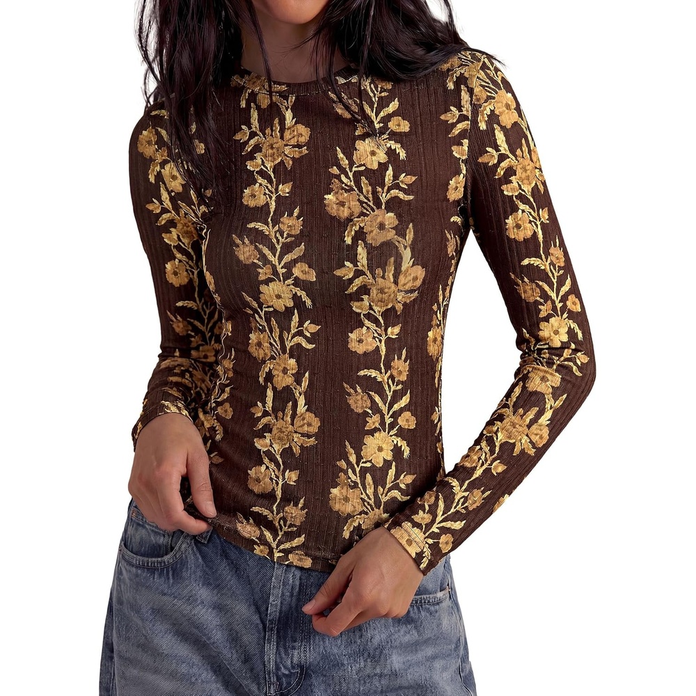 image:imagePRETTYGARDEN Womens Long Sleeve Shirts Floral Y2K TopsBrown