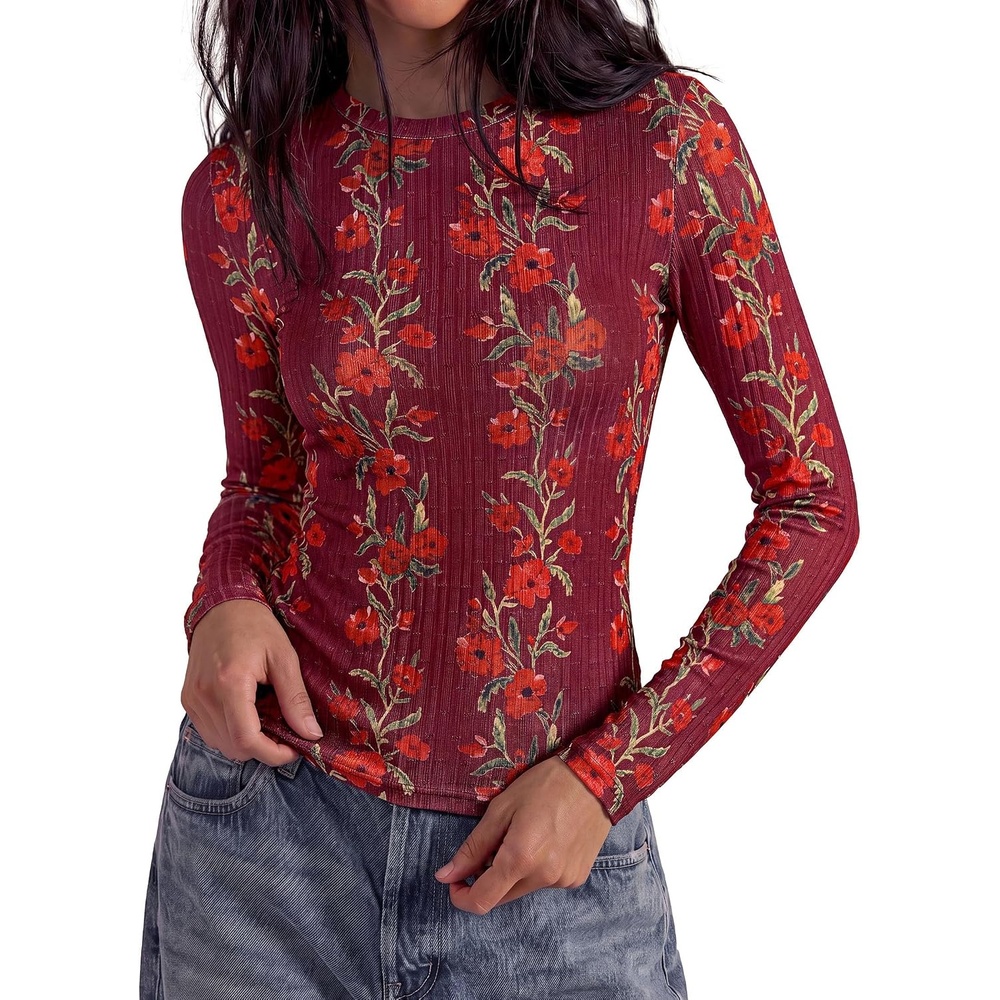 image:imagePRETTYGARDEN Womens Long Sleeve Shirts Floral Y2K TopsWine Red