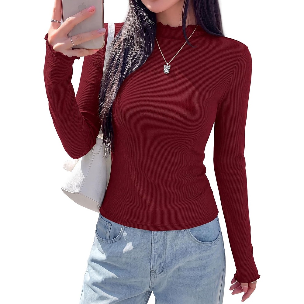 image:imagePRETTYGARDEN Womens Long Sleeve T Shirts Lettuce Trim Mock Neck TopsBurgundy