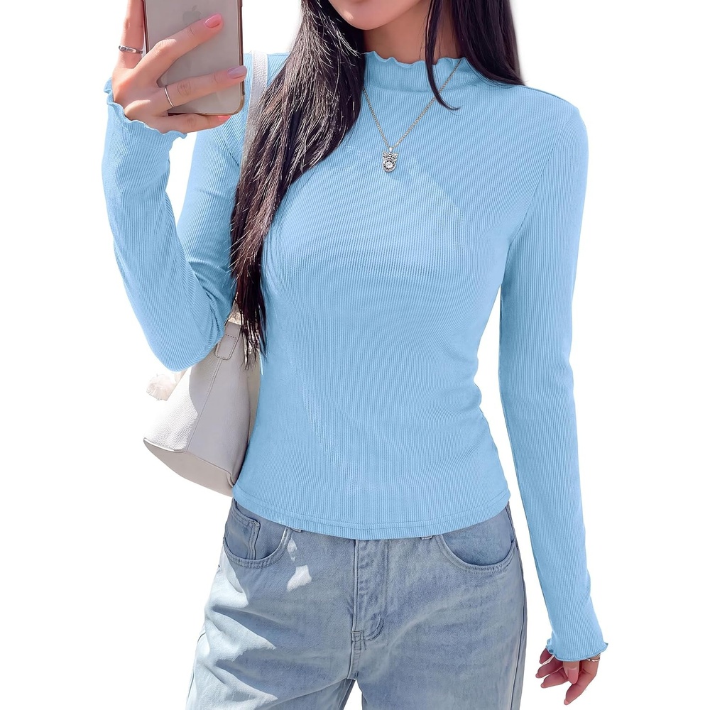 image:imagePRETTYGARDEN Womens Long Sleeve T Shirts Lettuce Trim Mock Neck TopsLight Blue