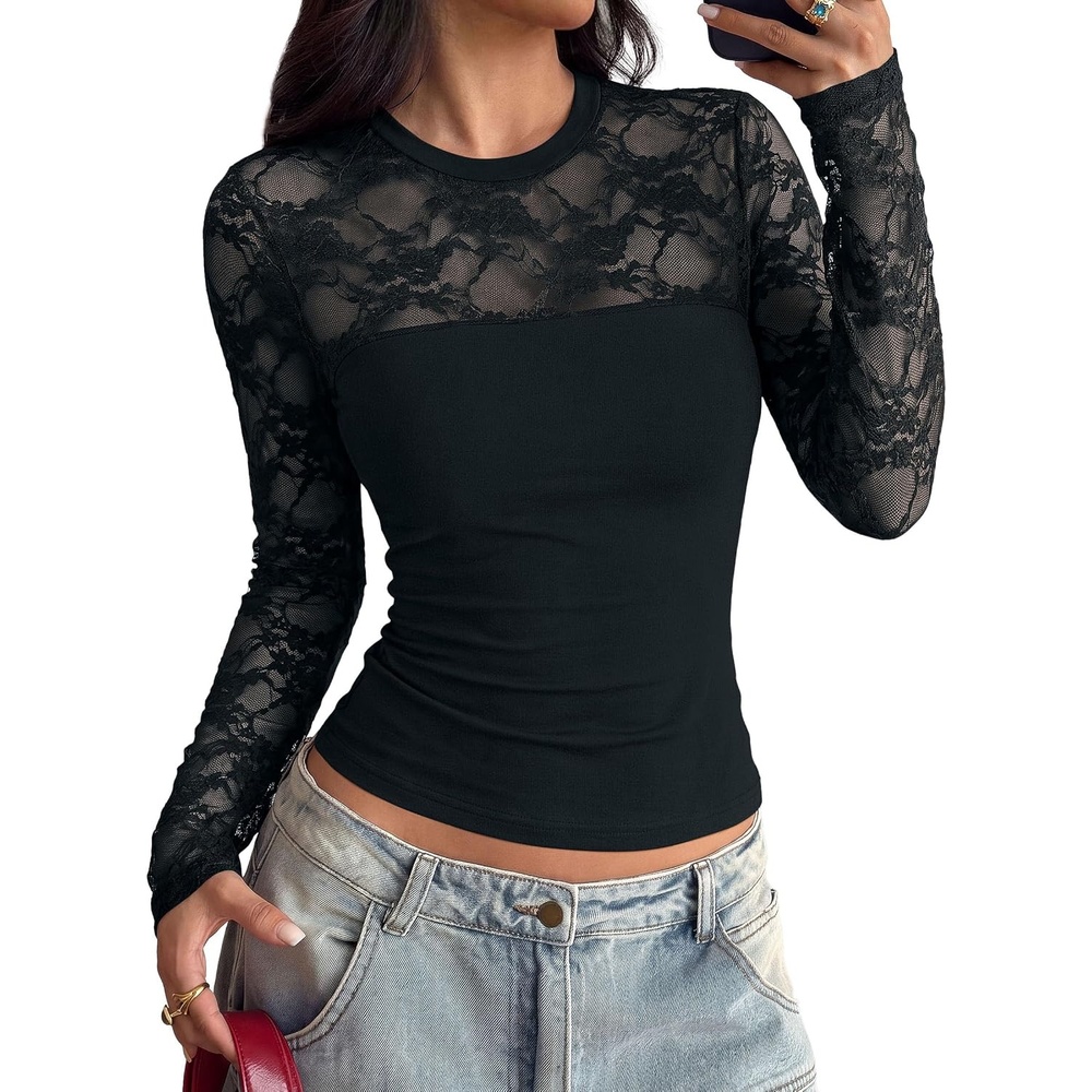 image:imagePRETTYGARDEN Womens Mesh Sheer Shirts Lace Long Sleeve TopsBlack