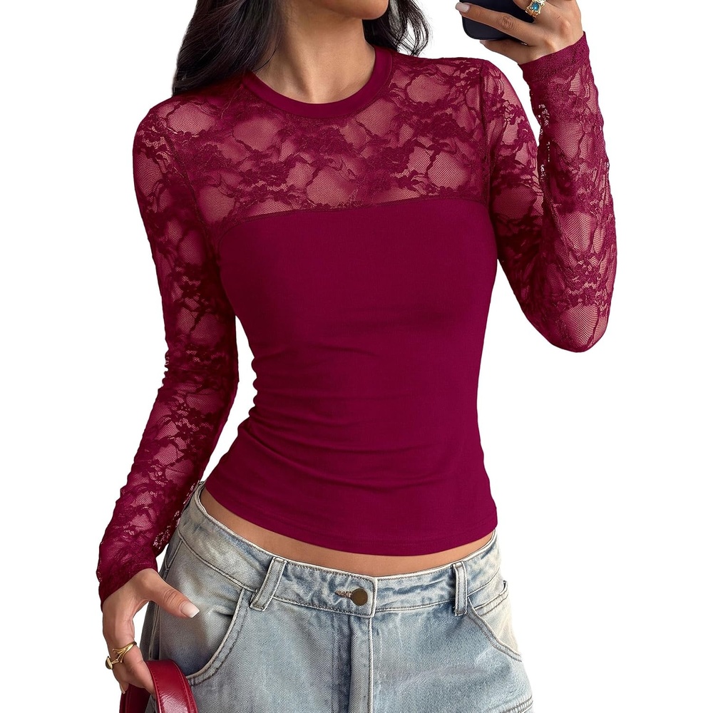 image:imagePRETTYGARDEN Womens Mesh Sheer Shirts Lace Long Sleeve TopsBurgundy