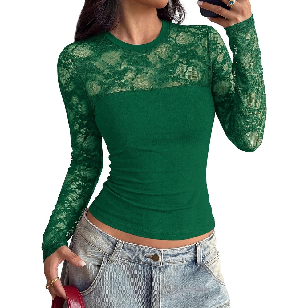 image:imagePRETTYGARDEN Womens Mesh Sheer Shirts Lace Long Sleeve TopsGreen