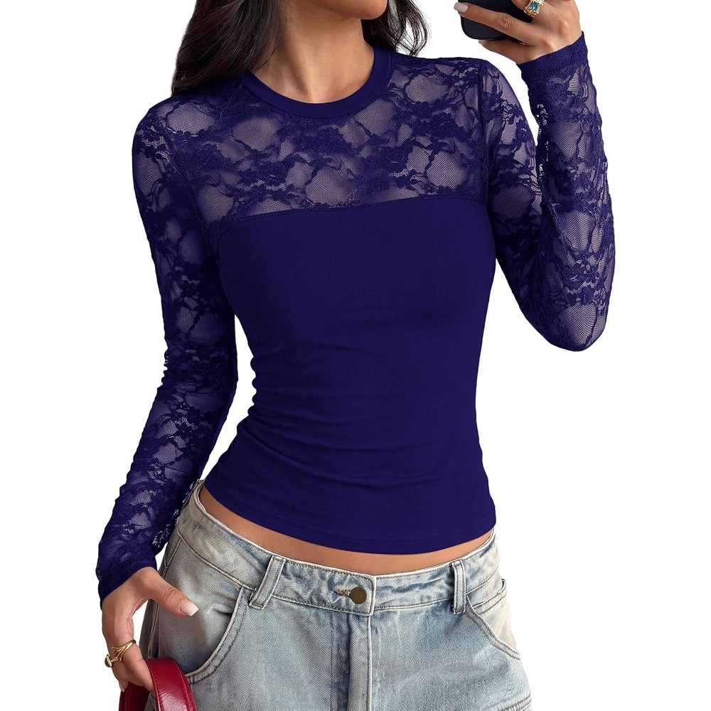 image:imagePRETTYGARDEN Womens Mesh Sheer Shirts Lace Long Sleeve TopsNavy