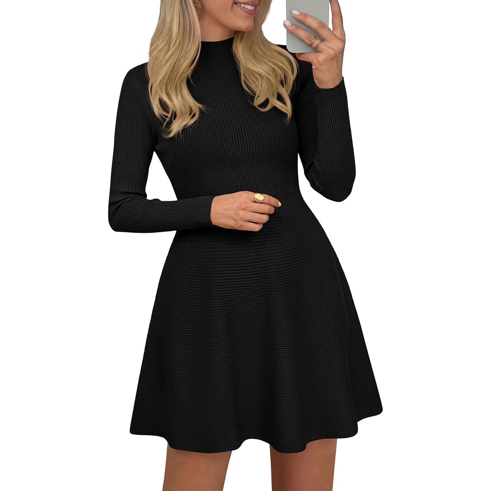 image:imagePRETTYGARDEN Womens Mock Neck Long Sleeve Sweater Mini DressBlack