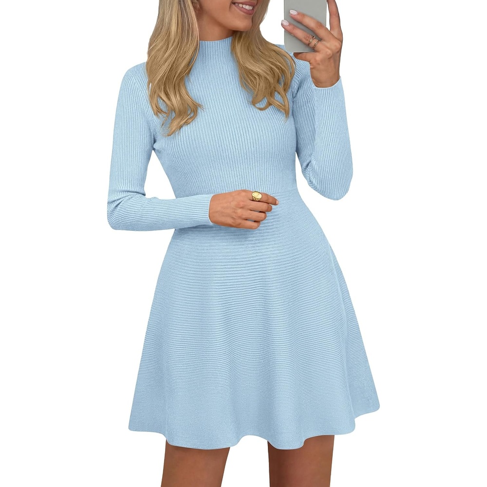image:imagePRETTYGARDEN Womens Mock Neck Long Sleeve Sweater Mini DressLight Blue