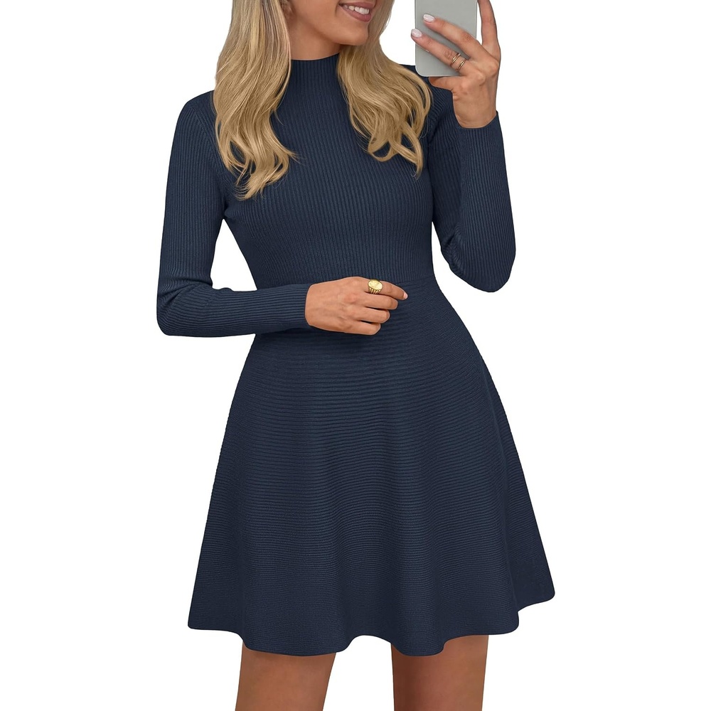 image:imagePRETTYGARDEN Womens Mock Neck Long Sleeve Sweater Mini DressNavy