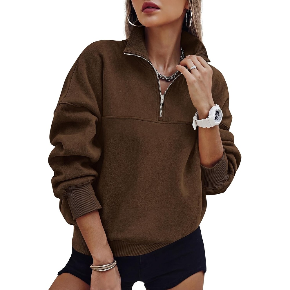 image:imagePRETTYGARDEN Womens Quarter Zip Fleece Pullover SweatshirtsBrown