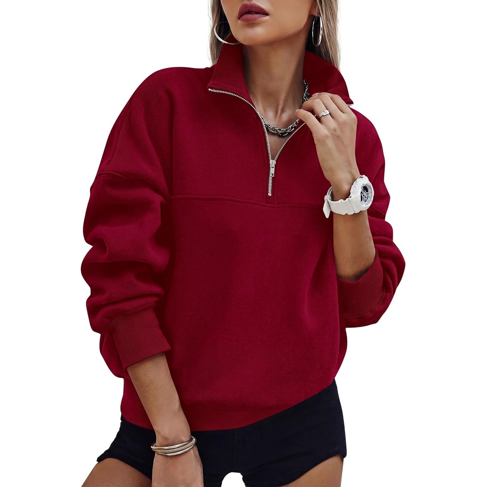 image:imagePRETTYGARDEN Womens Quarter Zip Fleece Pullover SweatshirtsBurgundy