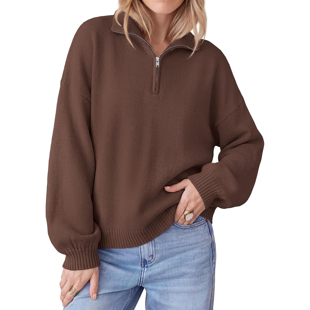 image:imagePRETTYGARDEN Womens Quarter Zip Pullover Oversized SweatersBrown