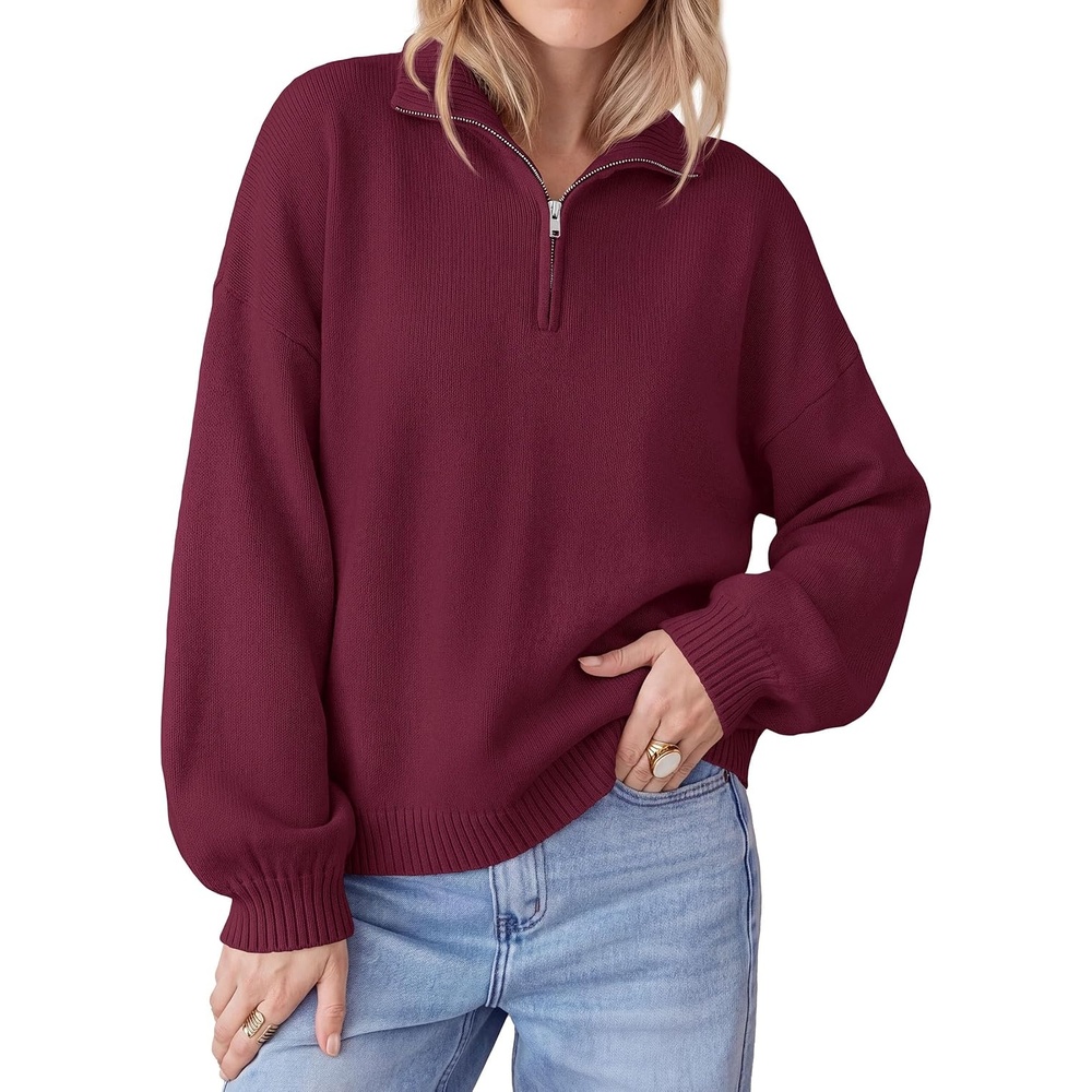 image:imagePRETTYGARDEN Womens Quarter Zip Pullover Oversized SweatersBurgundy