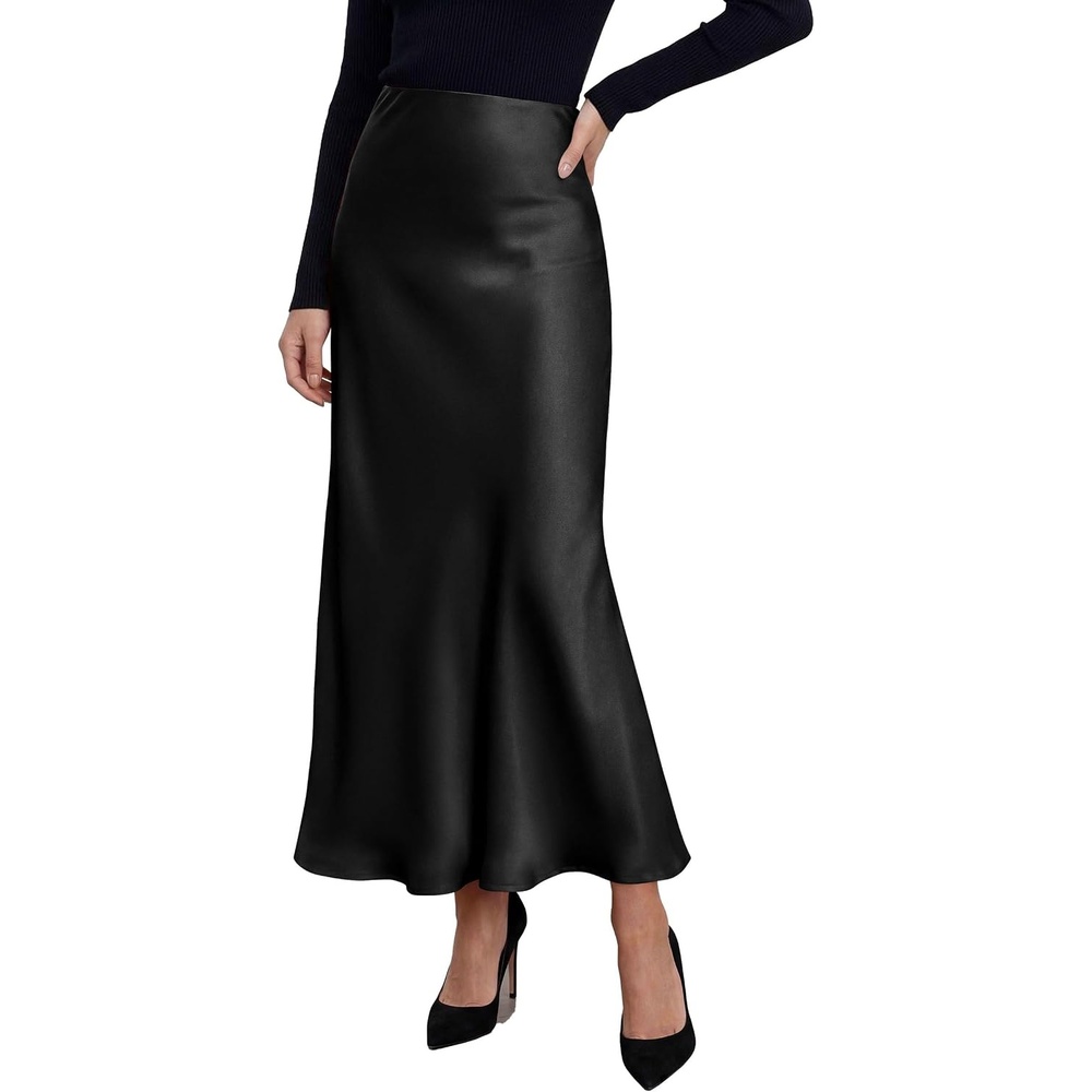 image:imagePRETTYGARDEN Womens Silk Satin Maxi Skirts Fall ClothesBlack