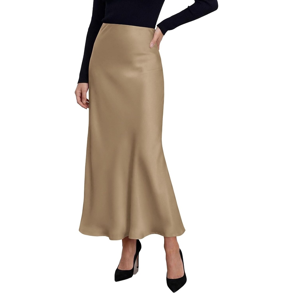 image:imagePRETTYGARDEN Womens Silk Satin Maxi Skirts Fall ClothesKhaki