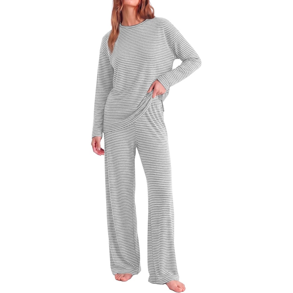 image:imagePRETTYGARDEN Womens Striped Lounge Set Fall Winter 2 Piece SetsStriped Grey White